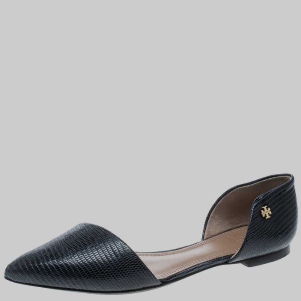 Tory Burch Navy Lizard Embossed Leather Viv D'orsay Pointed Toe Flats Size 6.5